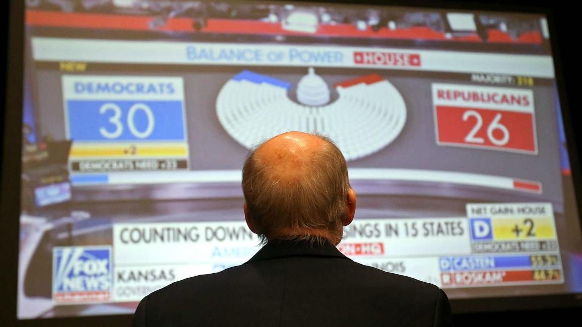 A GOP supporter watches midterm election results