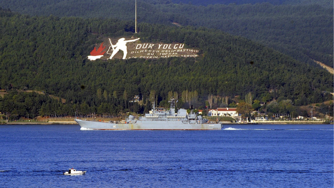 Russian navy ship crossing Dardanelles
