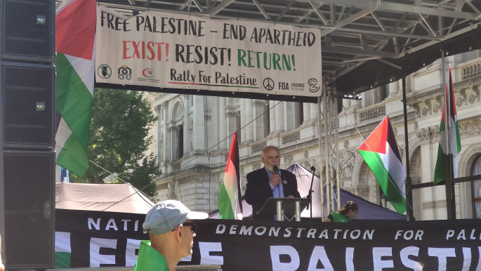 A stage where speakers and hosts addressed the crowd at a protest commemorating the Nakba in London.